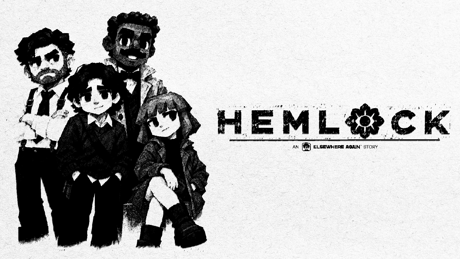 Hemlock key art: the four main characters beside the Hemlock logo
